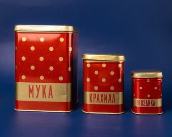 3 latas antiguas rojas con lunares, organizador de cocina con tapa, juego de botes de metal, juego de especieros