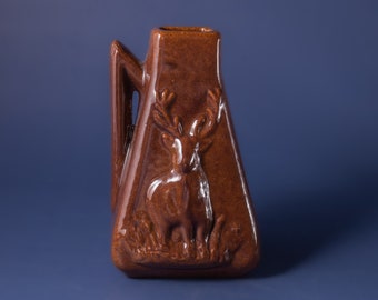 Miniature brown pottery vase with bear and deer Unique clay animal vase Small ceramic vase