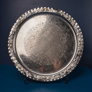 Vintage serving tray Round metal vanity tray Decorative serving platter