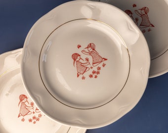 White red kids plate with girl ornament Soup bowl Breakfast cereal bowl Riga porcelain