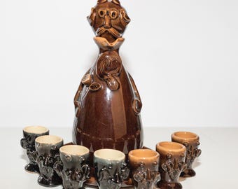 Brown clay Devil carafe with stopper and shots Vodka decanter Pottery genie bottle vessel USSR 1960s