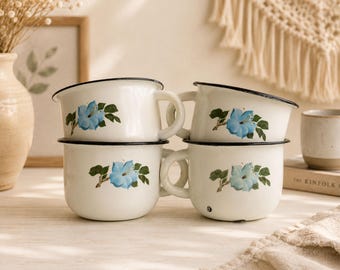 Vintage enamel mugs with floral ornament Set of 4: Soviet Camping Mug