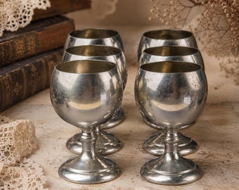 6x antique metal goblets Medival wine glasses English Mid century bar glasses