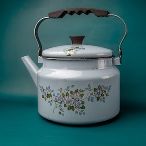 Vintage blue enamel kettle Enamelware old teapot Cottage core farmhouse decor