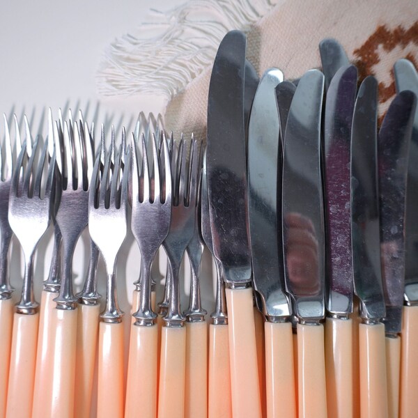 24x Bakelite cutlery set for 12 Knives and 12 forks with yellow bakelite handles Vintage flatware set Antique silverware set