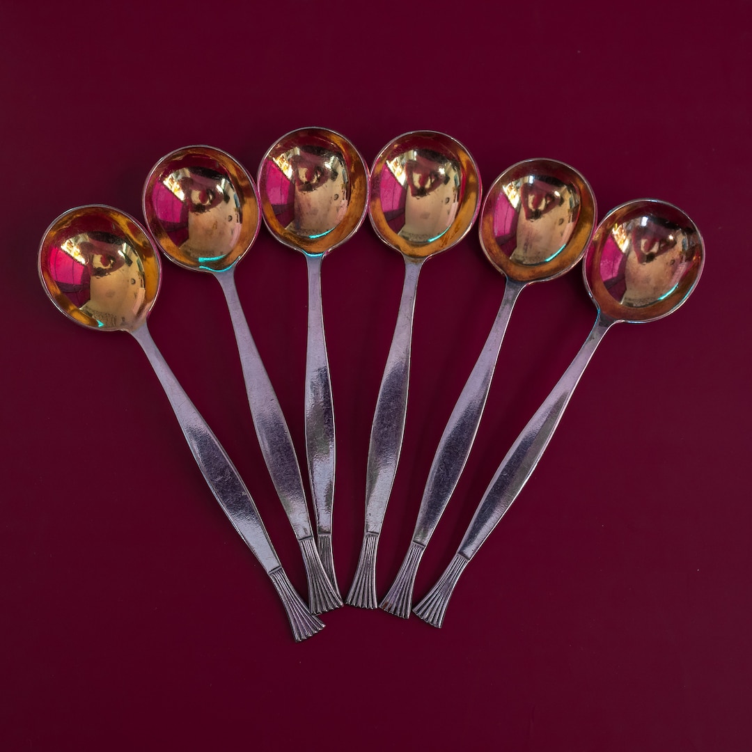 6x Vintage Tea Spoon Set French Silvered and Gold Plated Flatware