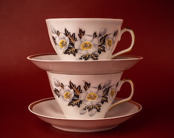 Vintage Riga Porcelain Coffee Cup Set: Iridescent Floral Design