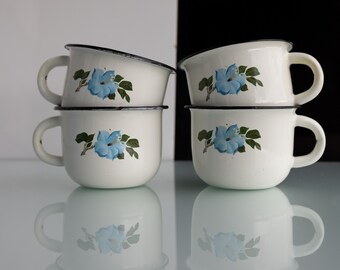 Vintage enamel mugs with floral ornament Set of 4: Soviet Camping Mug