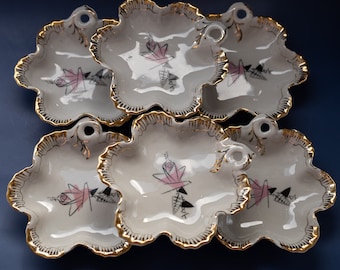 Vintage Riga Porcelain Jam Server Set of 6: Rose Flower Trinket Dishes
