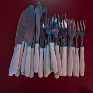 Bakelite cutlery set  for 6 / 12 persons Knives and forks with white bakelite handles Vintage flatware set Antique silverware set