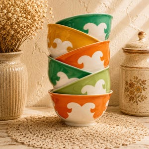 May include: A stack of six ceramic bowls in various colours including dark green, yellow, orange, light green, and bright orange. Each bowl features a repeating white scalloped or cloud-like pattern around the exterior surface against the solid colour.