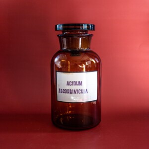 Vintage medicine bottle 2.5 liter Lidded amber glass jar Pharmacy jar with lid