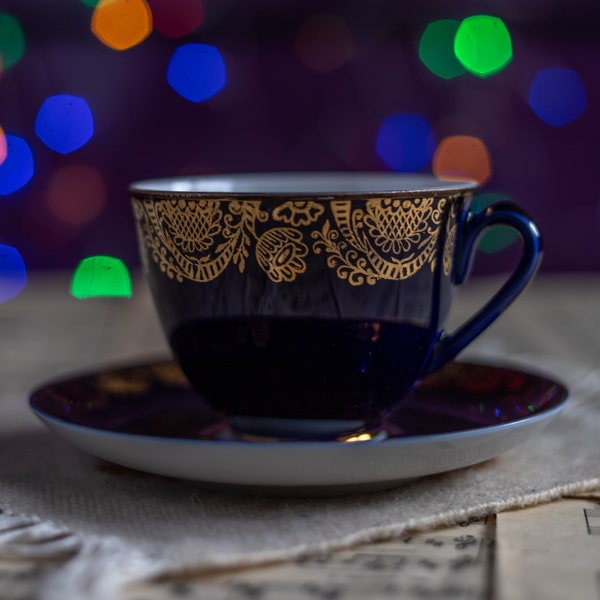 Cobalt blue tea cup and saucer Lomonosov porcelain Latte mug Navy blue porcelain cappuccino cup Antique drinkware