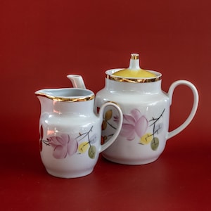 Vintage teapot and creamer Riga porcelain RPR floral tea pot and pitcher with roses