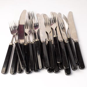 Bakelite cutlery set for 6 / 12 Knives and forks with black bakelite handles Vintage flatware set Antique silverware