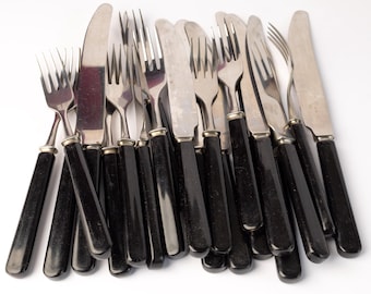 Vintage Bakelite Flatware Set: Stainless Steel Knives and Forks, 1960s Retro Dinnerware