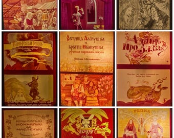 Set di 9 pellicole vintage di cartoni animati e fiabe per proiettore Diafilm