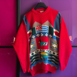 Cottagecore mens sweater vintage 80s animal print duck sweater Cotton intarsia jumper Size L