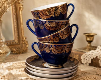 Vintage Lomonosov Porcelain Tea Cup and Saucer: Cobalt Blue with Gold Ornament