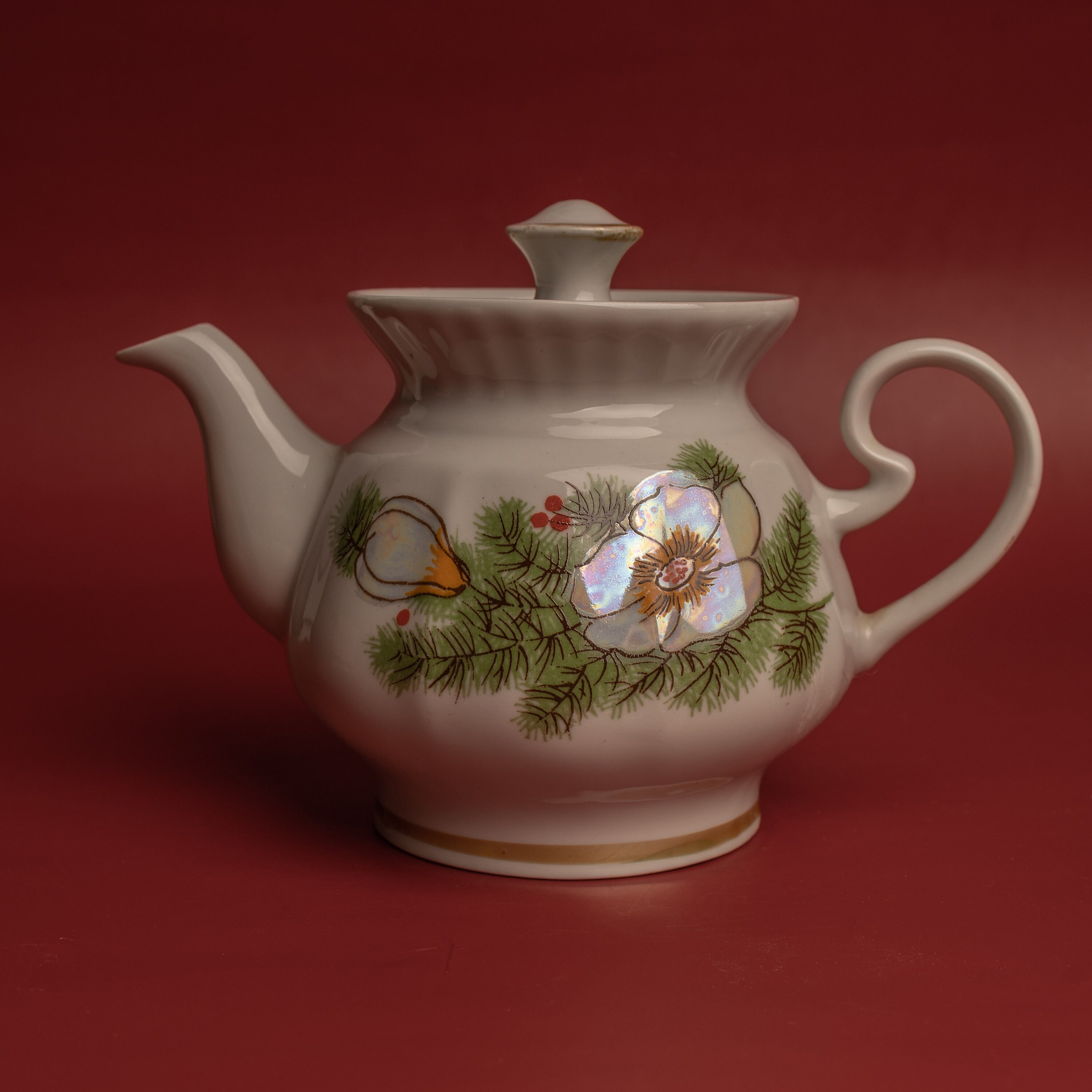 ヴィンテージ磁器ティーセット：ポインセチアとジュニパーの