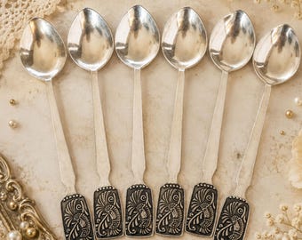 6 cucharillas de té vintage Melhior, cucharillas pequeñas esmaltadas, cucharillas de café de plata antigua, cubertería colonial, cubertería estética