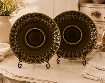 2x Sarreguemines France green saucer Small dessert plate Cake salad plates Stoneware dish