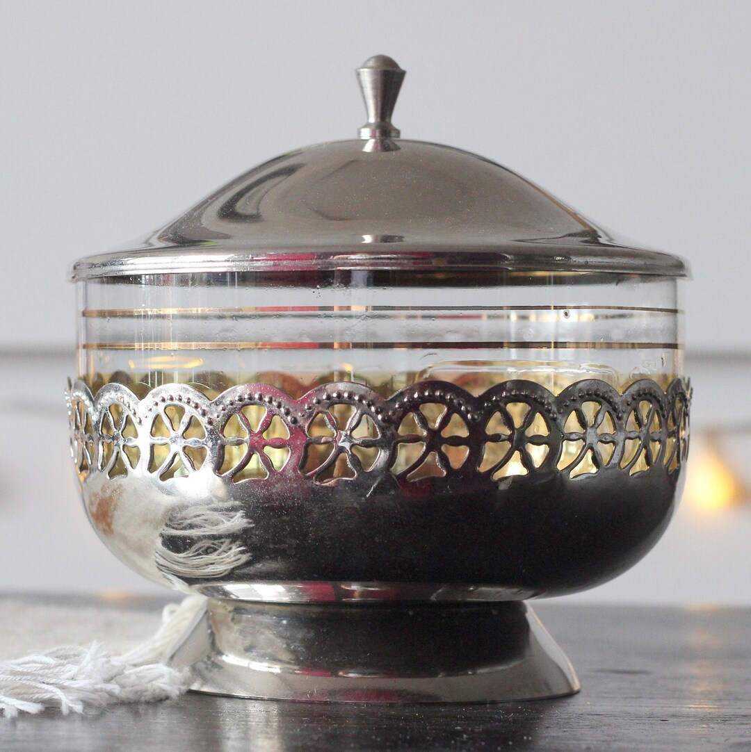 Clear Glass Sugar Bowl With Lid and Metal Holder Glass Candy Etsy