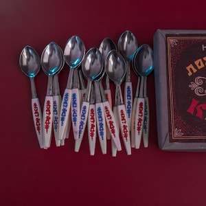 24x Vintage tea spoon set in box Mini spoons with plastic handles USSR coffee spoons Ornate flatware