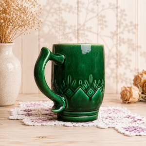 Vintage Emerald Green Beer Stein: Large Latvian Pottery Mug