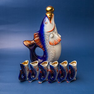 Ceramic fish decanter and shots set Cobalt blue whiskey decanter Liquor decanters fisherman gift