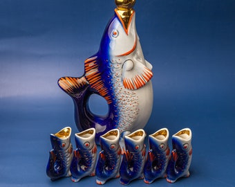 Ceramic fish decanter and shots set Cobalt blue whiskey decanter Liquor decanters fisherman gift