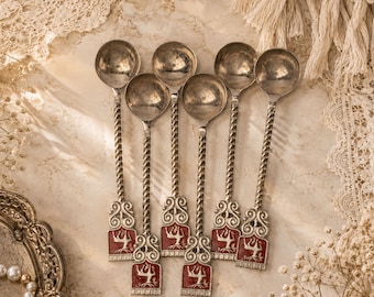 6 cucharillas de café vintage Melhior, cucharillas pequeñas esmaltadas, cucharillas de té de plata antigua, cubertería colonial, cubertería estética