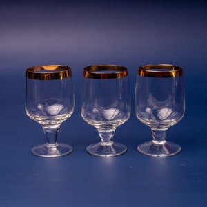 Stemmed shot glasses set of 3 Vintage glassware vodka shots Gold rim glassware set