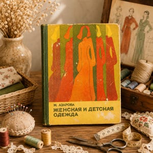 May include: A vintage hardcover book with a yellow cover featuring stylized orange and red figures in long dresses. The text on the cover reads M. AZAROVA ЖЕНСКАЯ И ДЕТСКАЯ ОДЕЖДА. A metal measuring tape is visible, showing markings in inches.