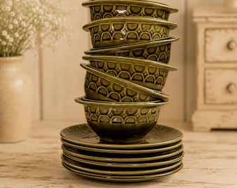 Sarreguemines France green soup bowls and plates Stoneware ramen bowl with handles