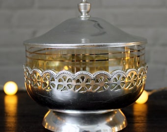 Vintage Glass Candy Dish with Metal Lid: USSR Kitchen Decor