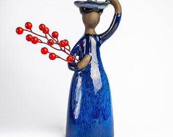Swedish Pottery Flower Girl Figurine: Elsi Bourelius Jie Gantofta, 11.5" Blue Bud Vase