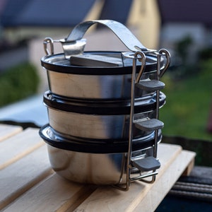 Outdoor stainless steel dishes Stacking bowls vintage camping gear Outdoor cookware camping mess kit