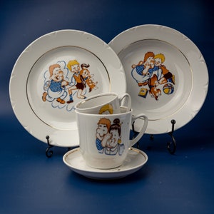 Juego de vajilla vintage para niños NOS Collectibles Vajilla infantil Kid and Carlson Plato, cuenco, taza, platillo, taza
