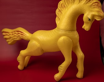 Large horse doll Vintage plastic toy 70s Yellow horse action toy 36cm Collectible soviet toys