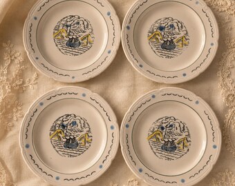 Plato infantil soviético de loza con barco Platos marinos de porcelana blanca y azul Konakovo