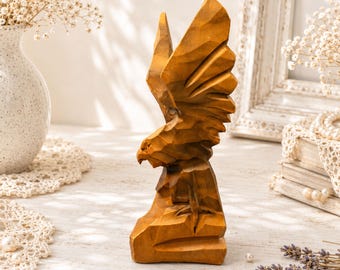 Hand carved wooden eagle sculpture Wooden bird figurine Bookshelf decor
