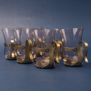 Vintage shot glasses with metal holders Unique shot glass set Vintage home bar glassware barware