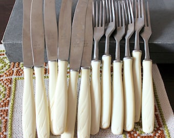 Vintage Bakelite Cutlery Set: 1960s Colonial Flatware forks and knives, 12-Piece