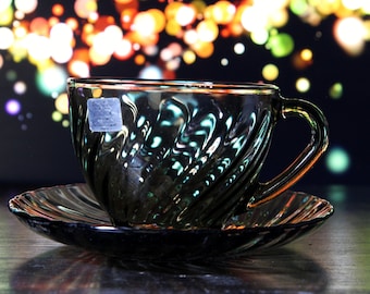 Arcoroc Rosaline Brown Glass Cup and Saucer: French Vintage Drinkware