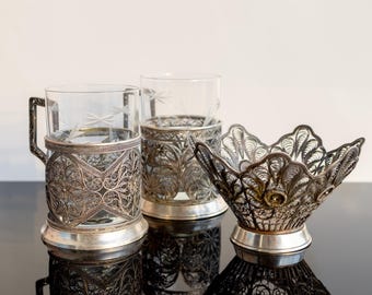Filigree tea glass holder with glass and vase Soviet vintage metal glass holder silver plated Cupronickel candy dish and podstakannik