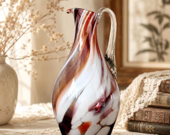 Vintage Amber Swirl Murano Glass Pitcher Vase: Hand-Blown Decanter Jug