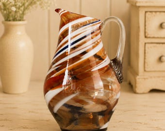 Vintage Murano Swirl Glass Pitcher vase : Amber, Orange, White