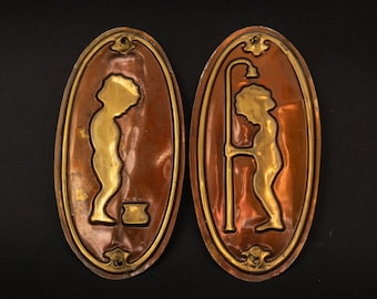 Set of 2 Vintage toilet and bathroom door sign WC Pissing boy rusty metal door plaque Soviet door signs