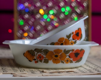 Vintage Pyrex JAJ Ingrid Floral Casserole Dish: English Milk Glass Ovenware
